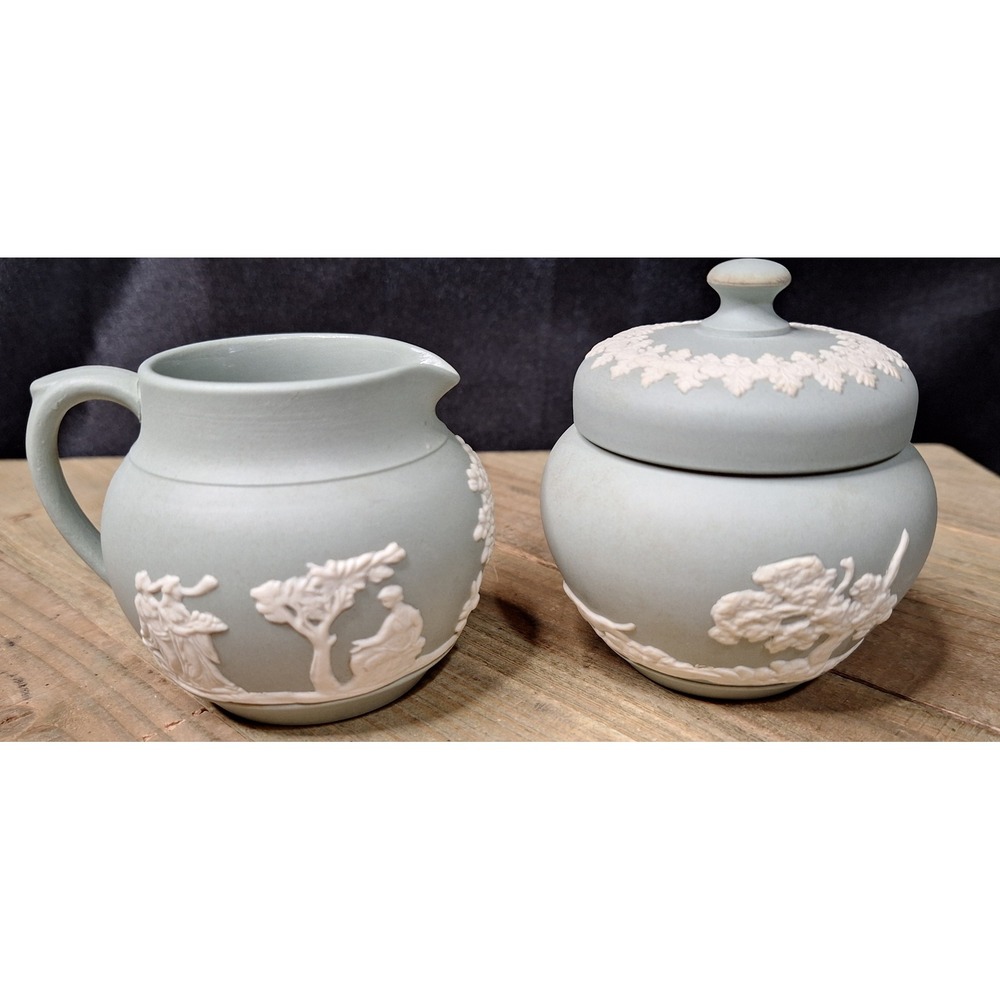 Wedgwood Celadon Green Jasperware Creamer and Lidded Sugar Bowl Set England